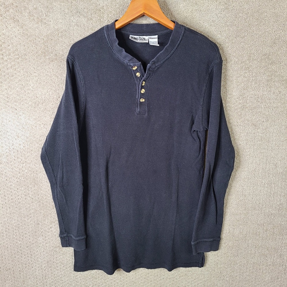 King Size Shirt Mens Large Blue Navy Waffle Knit Henley Long Sleeve Cotton